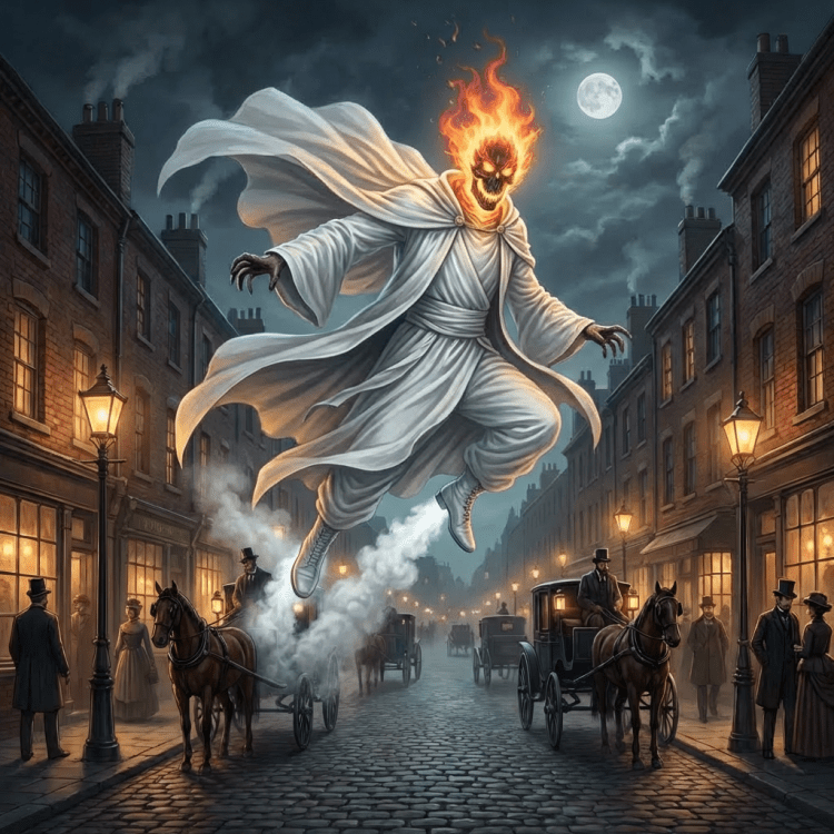Flaming supernatural figure levitating over a spooky graveyard and Victorian mansion at night.